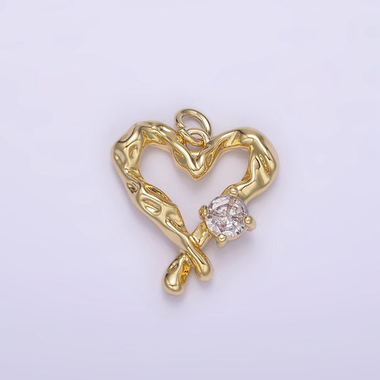 14K Gold Filled Clear CZ Dented Molten Open Heart Charm | AG190