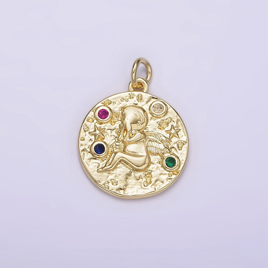 14K Gold Filled Cherub Baby Angel Cupid Multicolor CZ Celestial Star Textured Round Charm | AG186