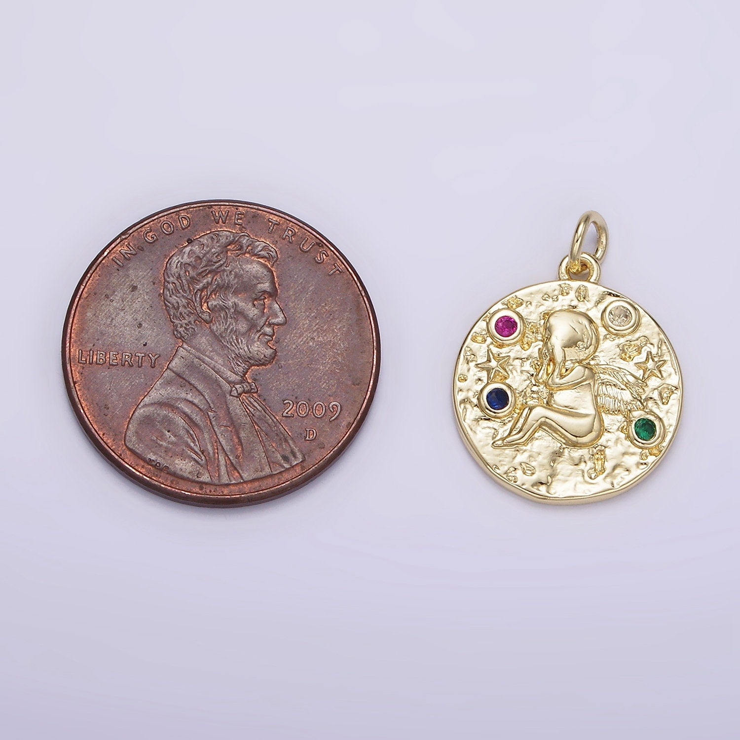 14K Gold Filled Cherub Baby Angel Cupid Multicolor CZ Celestial Star Textured Round Charm | AG186