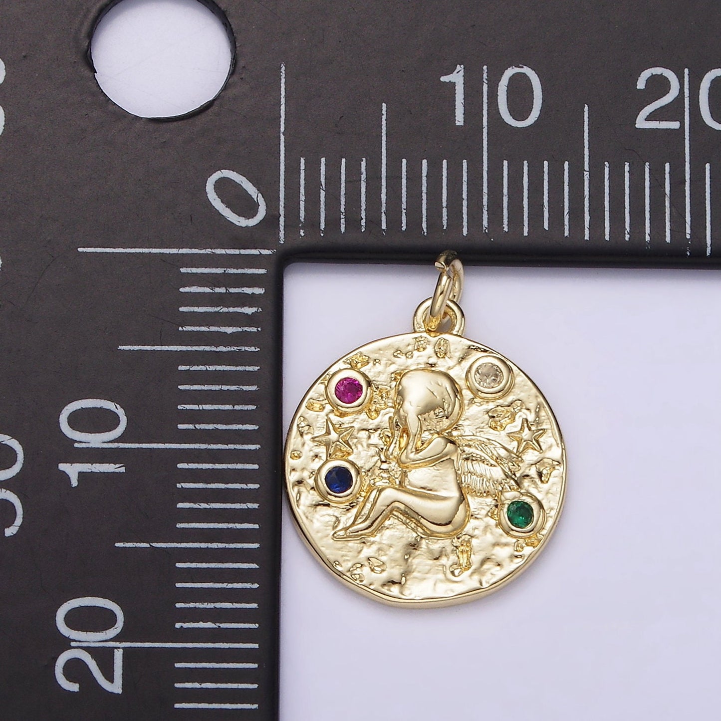 14K Gold Filled Cherub Baby Angel Cupid Multicolor CZ Celestial Star Textured Round Charm | AG186