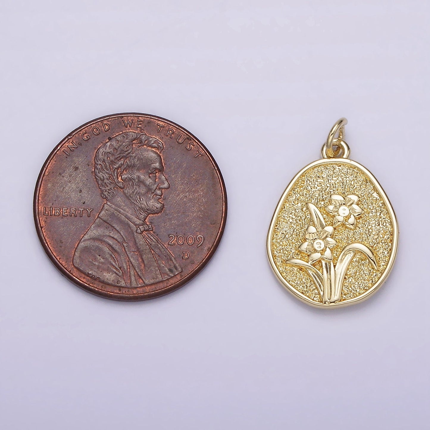 14K Gold Filled Daffodil March Birth Flower Hammered Stamped Personalized Double Sided Charm | AG192