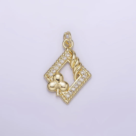 14K Gold Filled Open Frame Rhombus Clover Micro Paved Twisted Clubs Card Charm | AG258