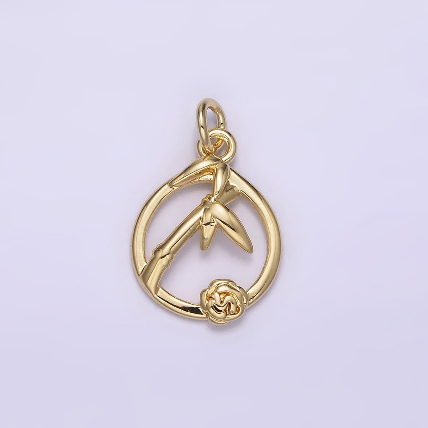 14K Gold Filled Rose Flower Bamboo Plant Nature Open Round Frame Charm | AG219