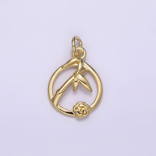 14K Gold Filled Rose Flower Bamboo Plant Nature Open Round Frame Charm | AG219