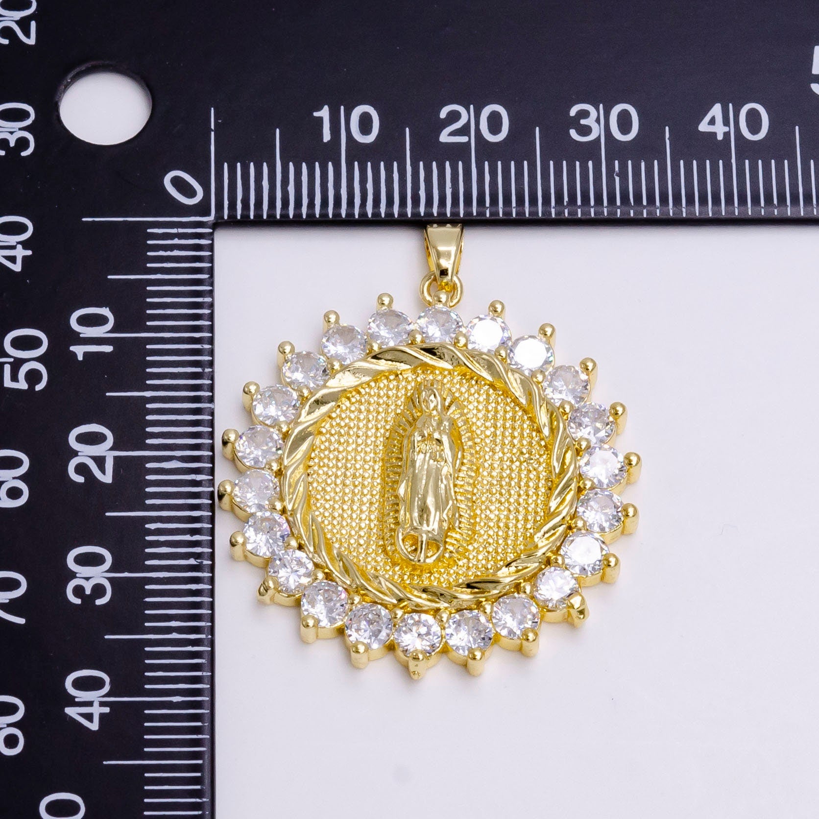 14K Gold Filed Our Mother Virgin Mary Lady of Lourdes Catholic Braided Swirl Sunburst Micro Pave CZ Round Charm | N-1459
