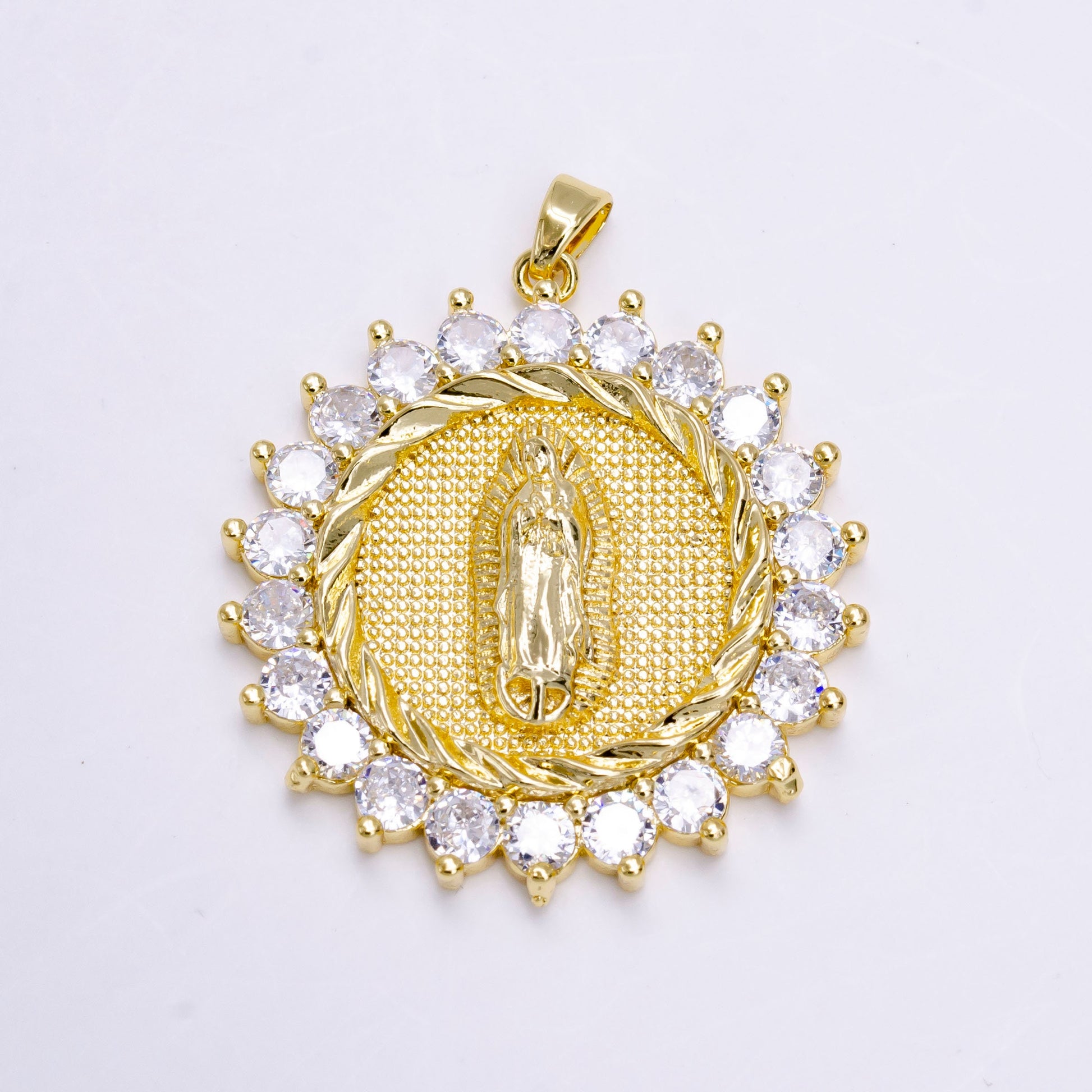 14K Gold Filed Our Mother Virgin Mary Lady of Lourdes Catholic Braided Swirl Sunburst Micro Pave CZ Round Charm | N-1459