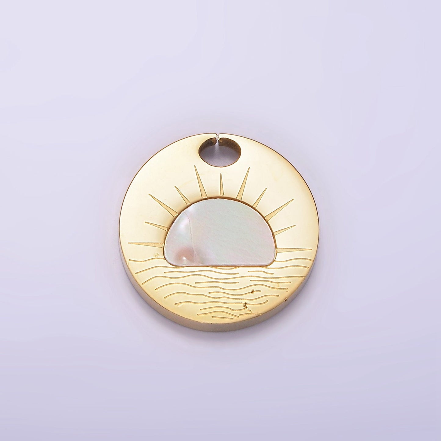Stainless Steel Shell Pearl Celestial Sun Rise Pendant Round Coin Charm Gold Sun Pendant Ocean Water Beach Nature Inspired | P1253
