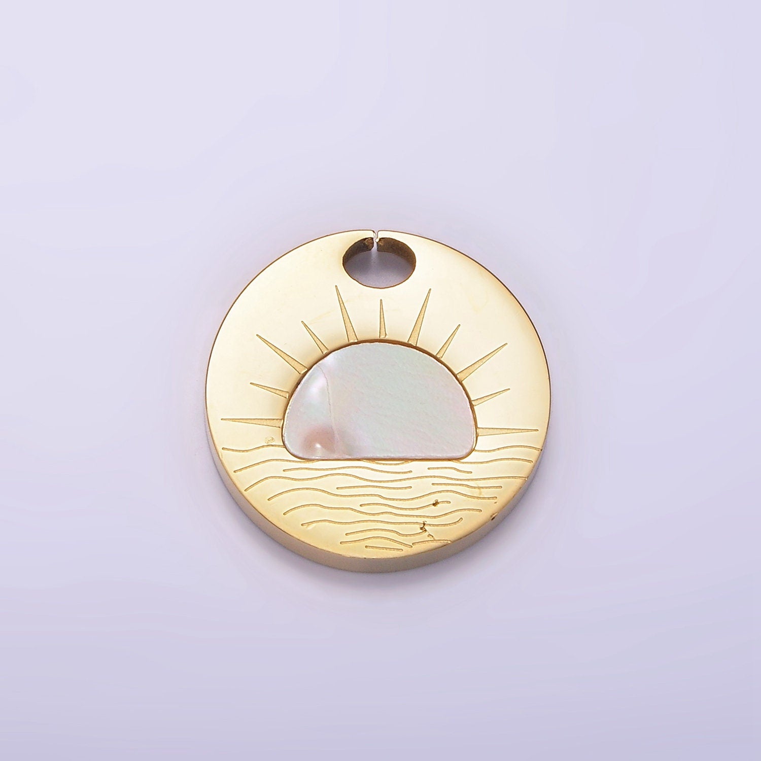 Stainless Steel Shell Pearl Celestial Sun Rise Pendant Round Coin Charm Gold Sun Pendant Ocean Water Beach Nature Inspired | P1253