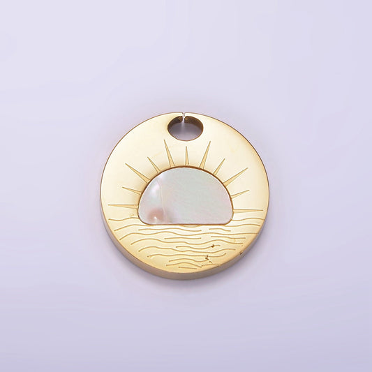 Stainless Steel Shell Pearl Celestial Sun Rise Pendant Round Coin Charm Gold Sun Pendant Ocean Water Beach Nature Inspired | P1253