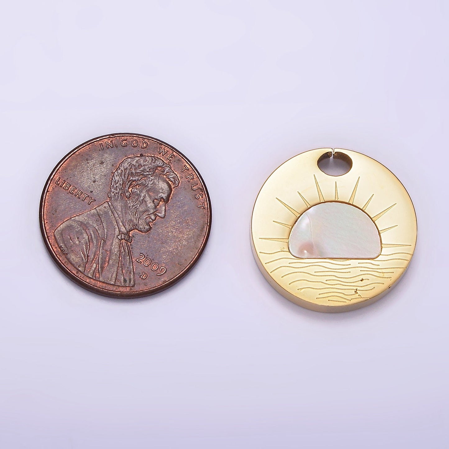 Stainless Steel Shell Pearl Celestial Sun Rise Pendant Round Coin Charm Gold Sun Pendant Ocean Water Beach Nature Inspired | P1253