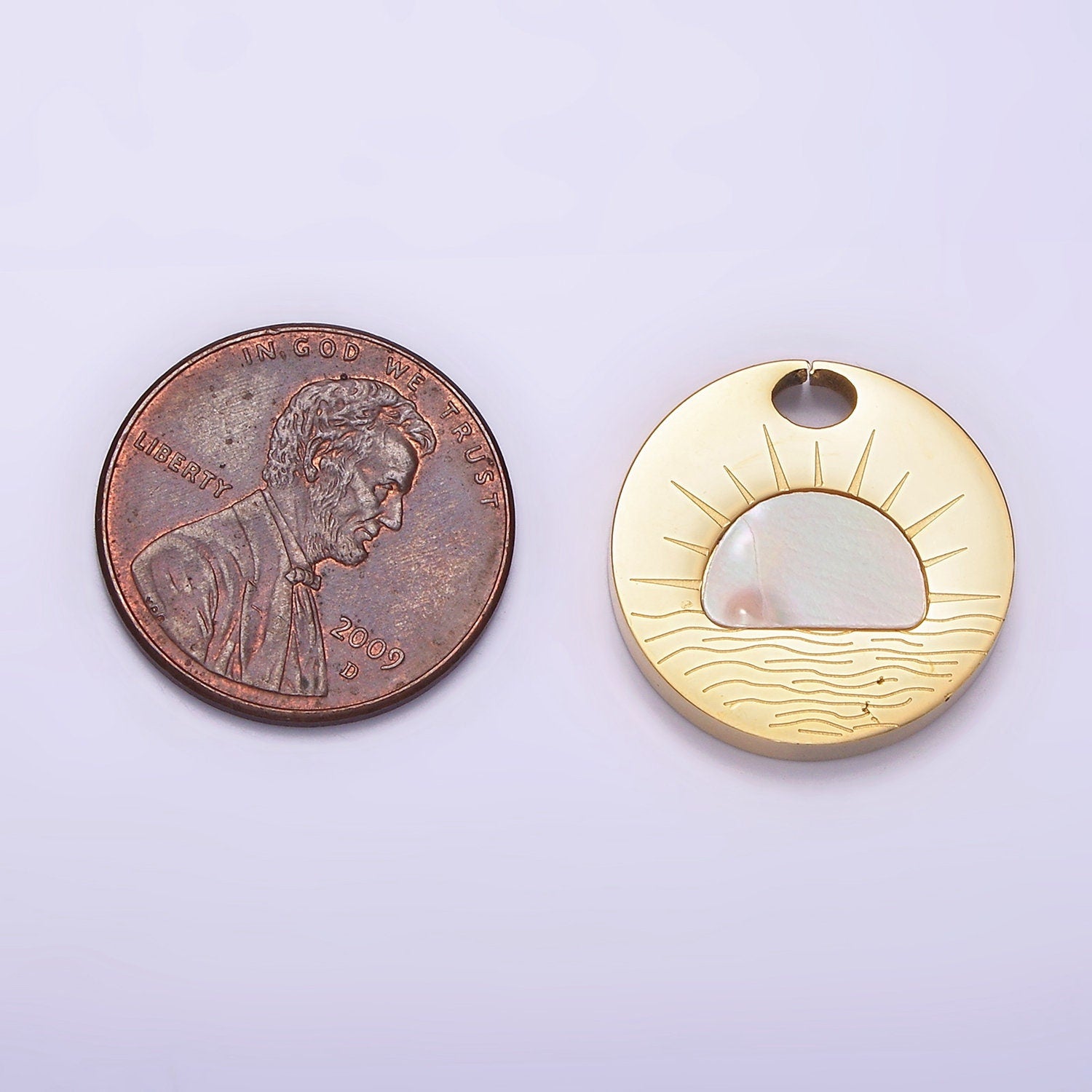 Stainless Steel Shell Pearl Celestial Sun Rise Pendant Round Coin Charm Gold Sun Pendant Ocean Water Beach Nature Inspired | P1253