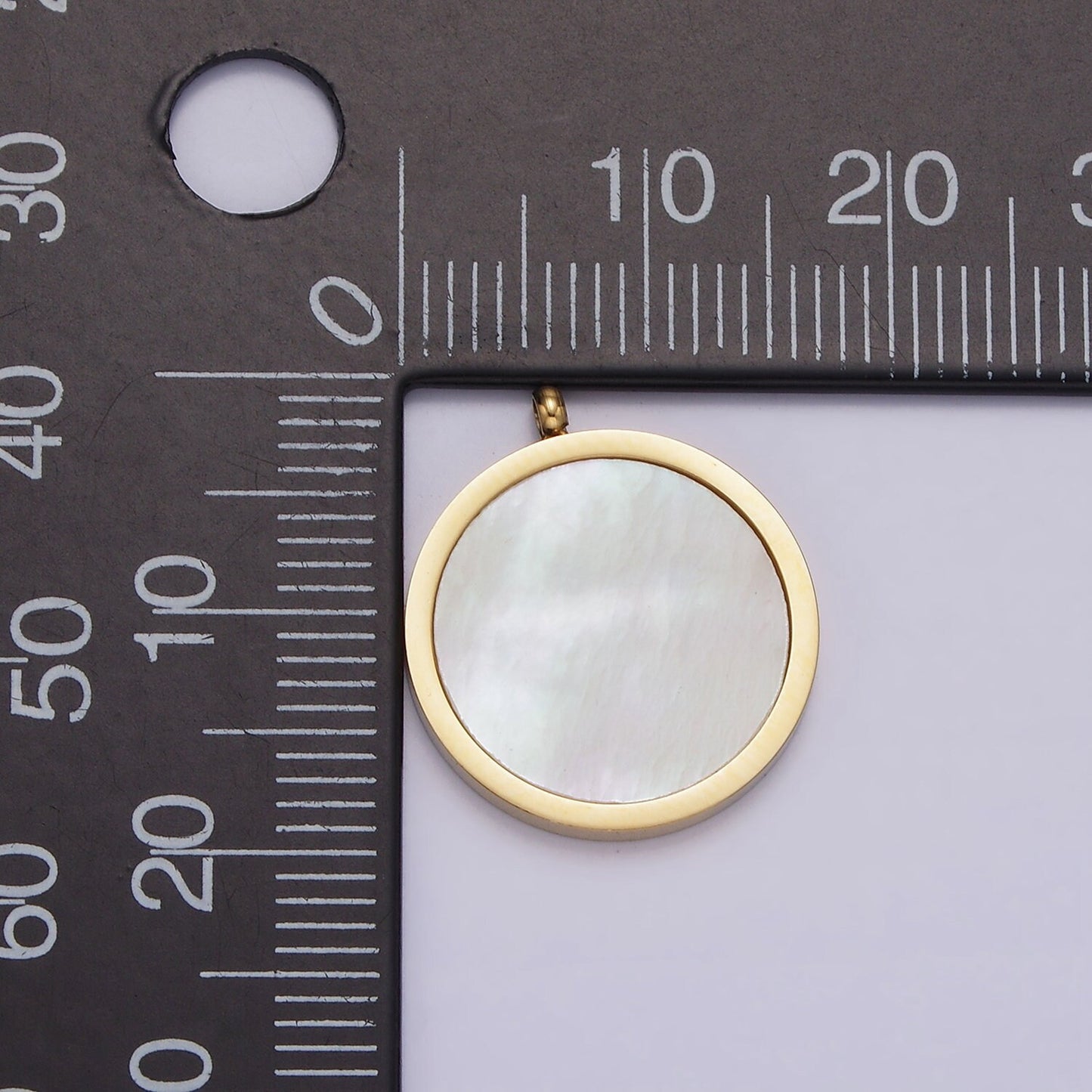 Gold Stainless Steel White Shell Pearl Round Coin Disc Charm Geometric Jewelry Inspired Wedding Dangle Charm | P-1245