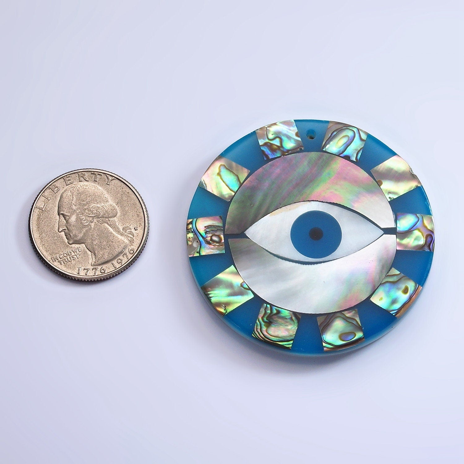 1x Abalone Shell Round Evil Eye Pendants, Green Hue Abalone Medallion Charm Wave Beach Inspired for Necklace Earring Supply 50mm