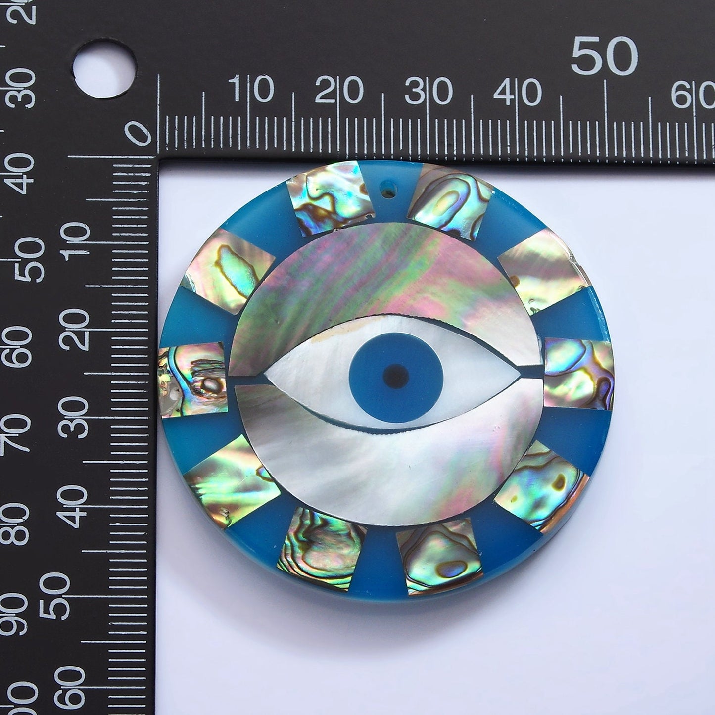 1x Abalone Shell Round Evil Eye Pendants, Green Hue Abalone Medallion Charm Wave Beach Inspired for Necklace Earring Supply 50mm