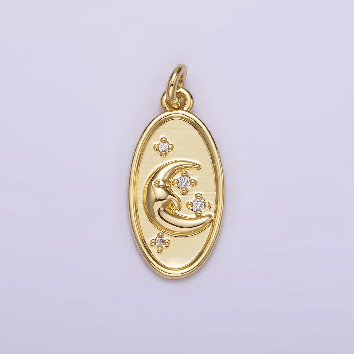 Oval Gold Crescent Charm Celestial Face Smile wish moon Kawaii Kids minimalist jewelry AG-300