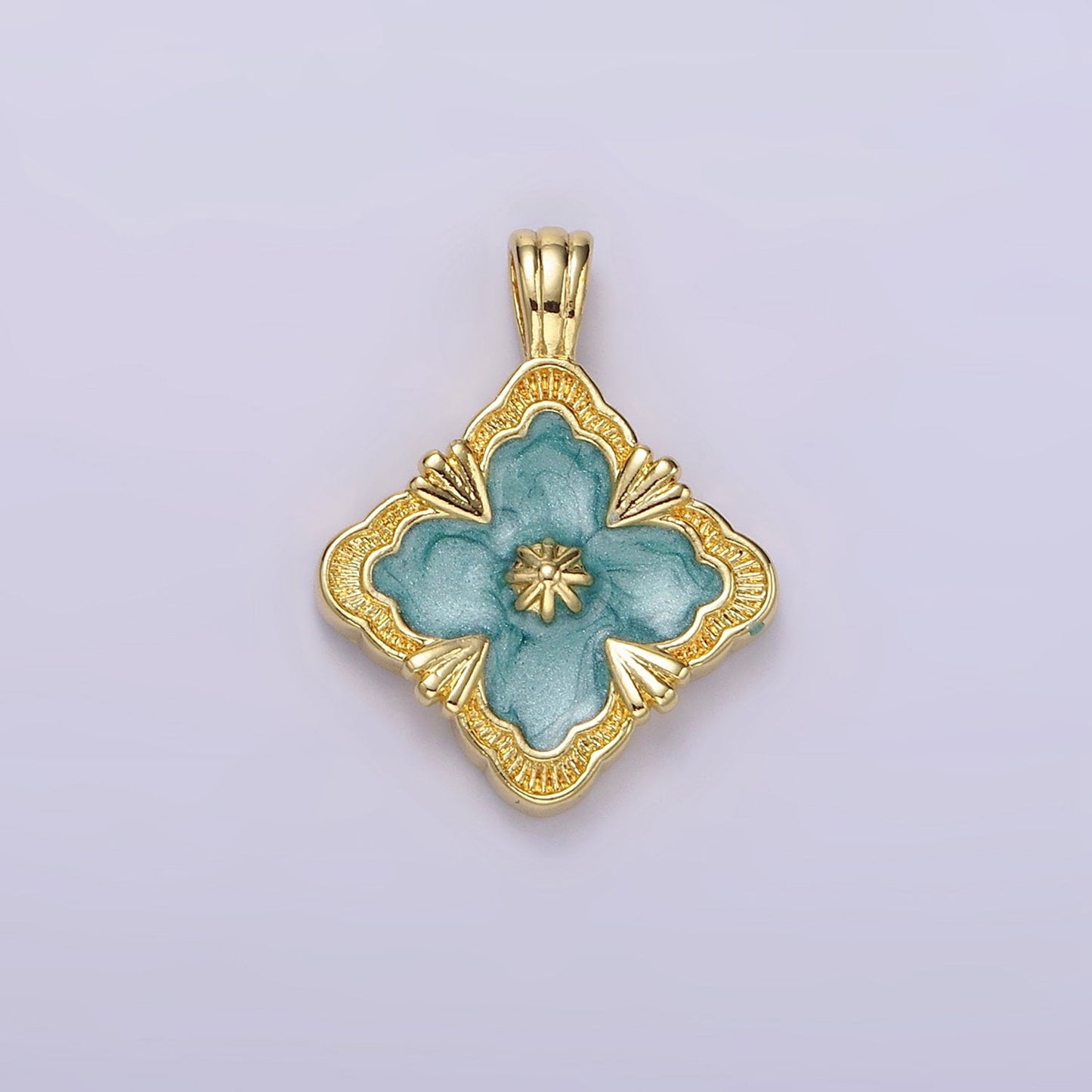 14K Gold Filled Teal, White Sparkly Enamel Artisan Quatrefoil Pendant Charm | N1298 N1299