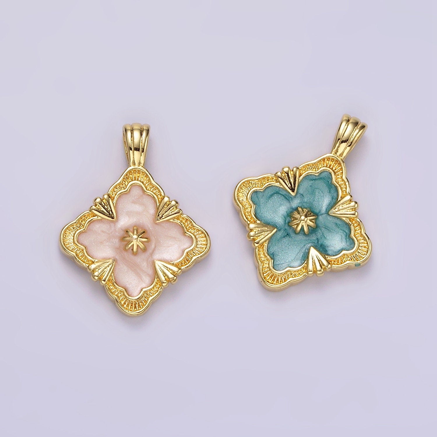 14K Gold Filled Teal, White Sparkly Enamel Artisan Quatrefoil Pendant Charm | N1298 N1299