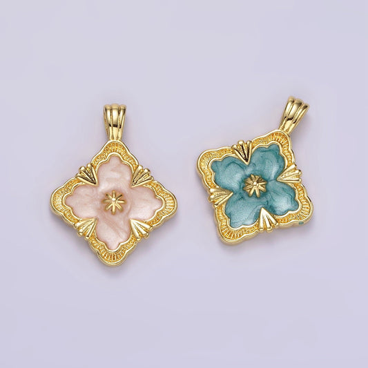 14K Gold Filled Teal, White Sparkly Enamel Artisan Quatrefoil Pendant Charm | N1298 N1299