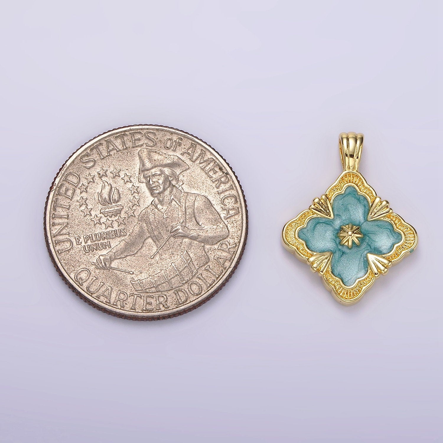 14K Gold Filled Teal, White Sparkly Enamel Artisan Quatrefoil Pendant Charm | N1298 N1299