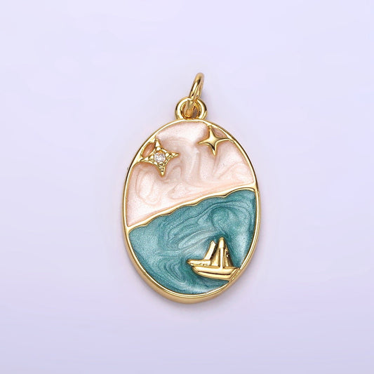 14K Gold Filled Boat Ocean Celestial Star Night Sky Sparkly Enamel Oval Charm | N1150