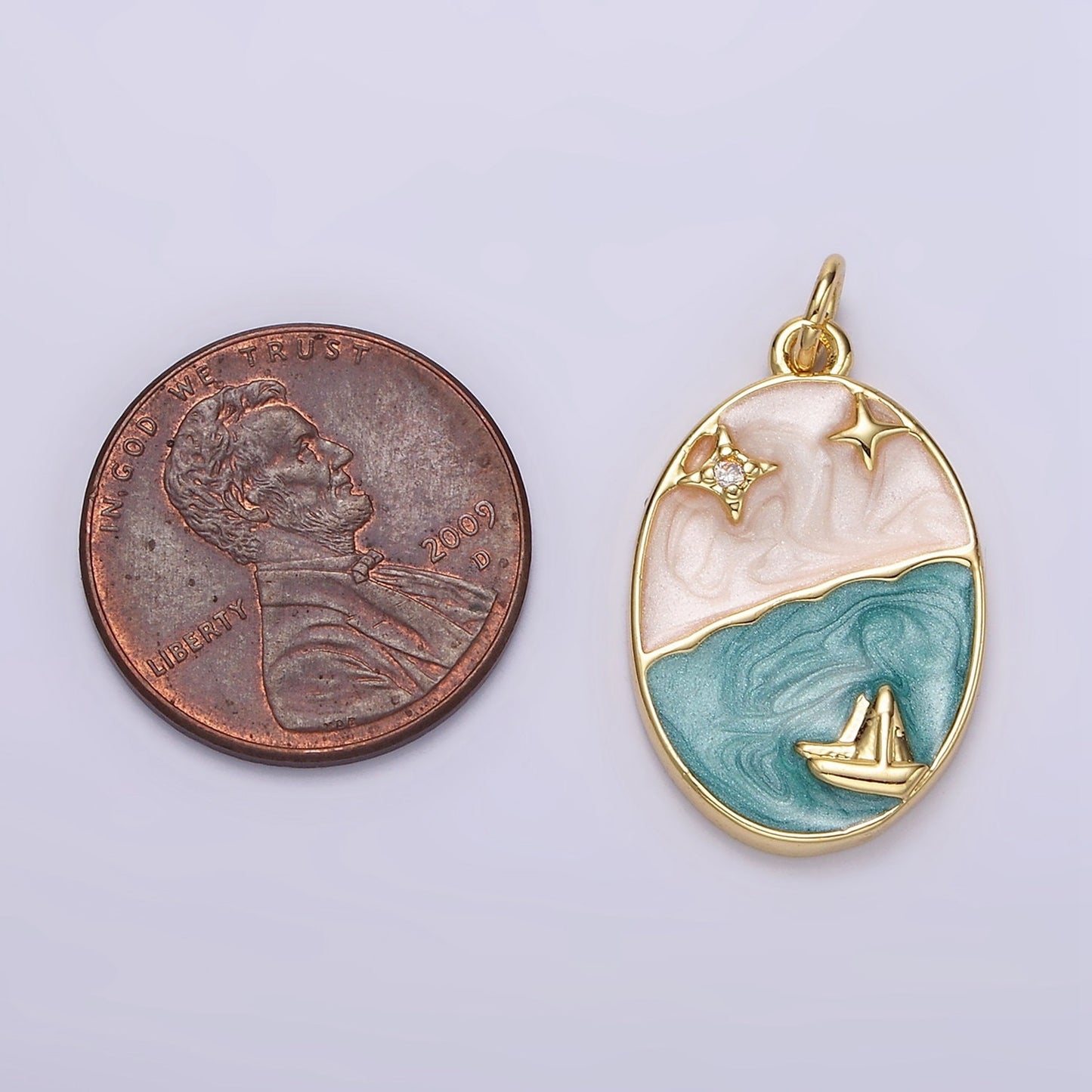 14K Gold Filled Boat Ocean Celestial Star Night Sky Sparkly Enamel Oval Charm | N1150