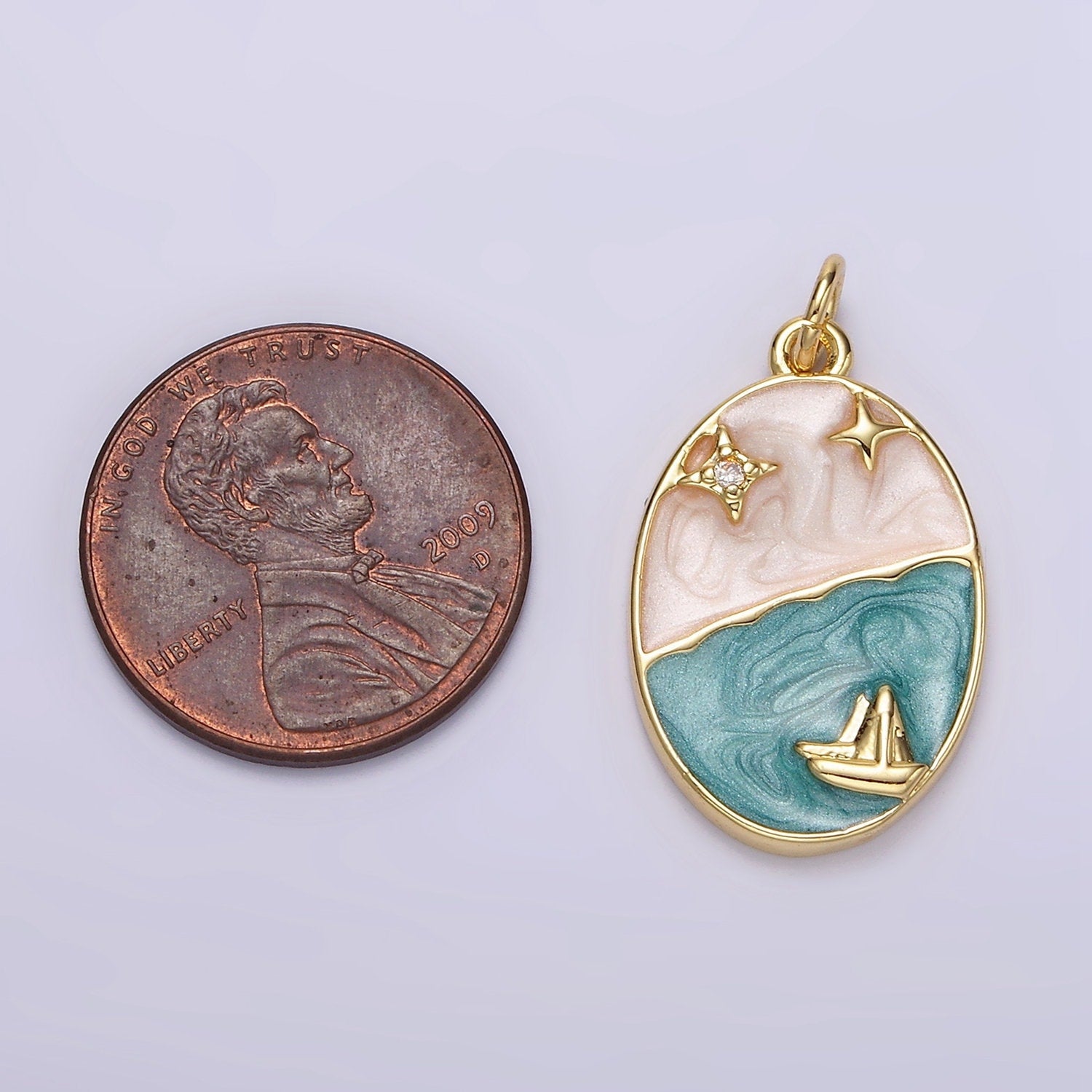 14K Gold Filled Boat Ocean Celestial Star Night Sky Sparkly Enamel Oval Charm | N1150