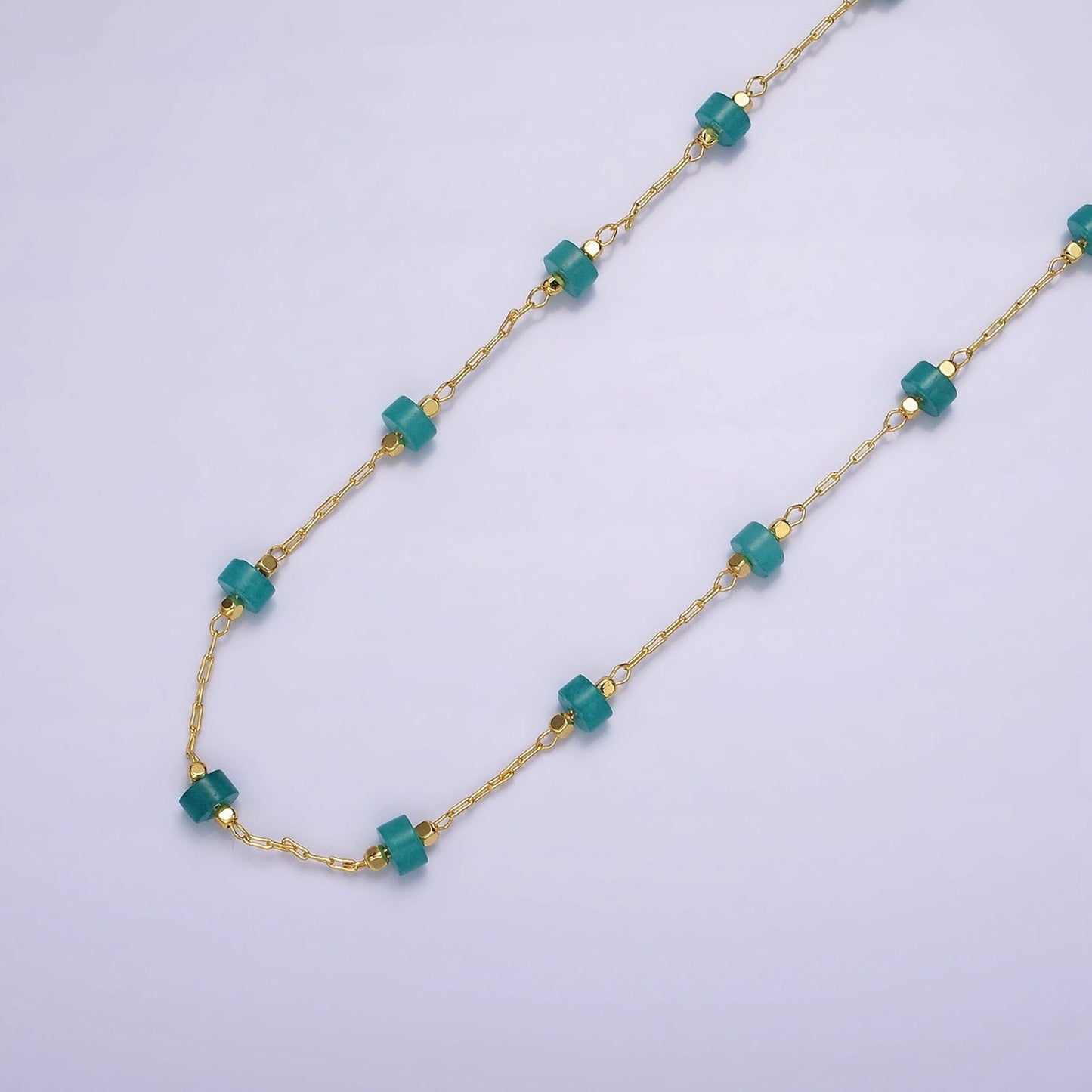 14K Gold Filled Turquoise, Rose Quartz Cylinder Paperclip Unfinished Beaded Chain For Jewelry Making | ROLL-1419 ROLL-1420