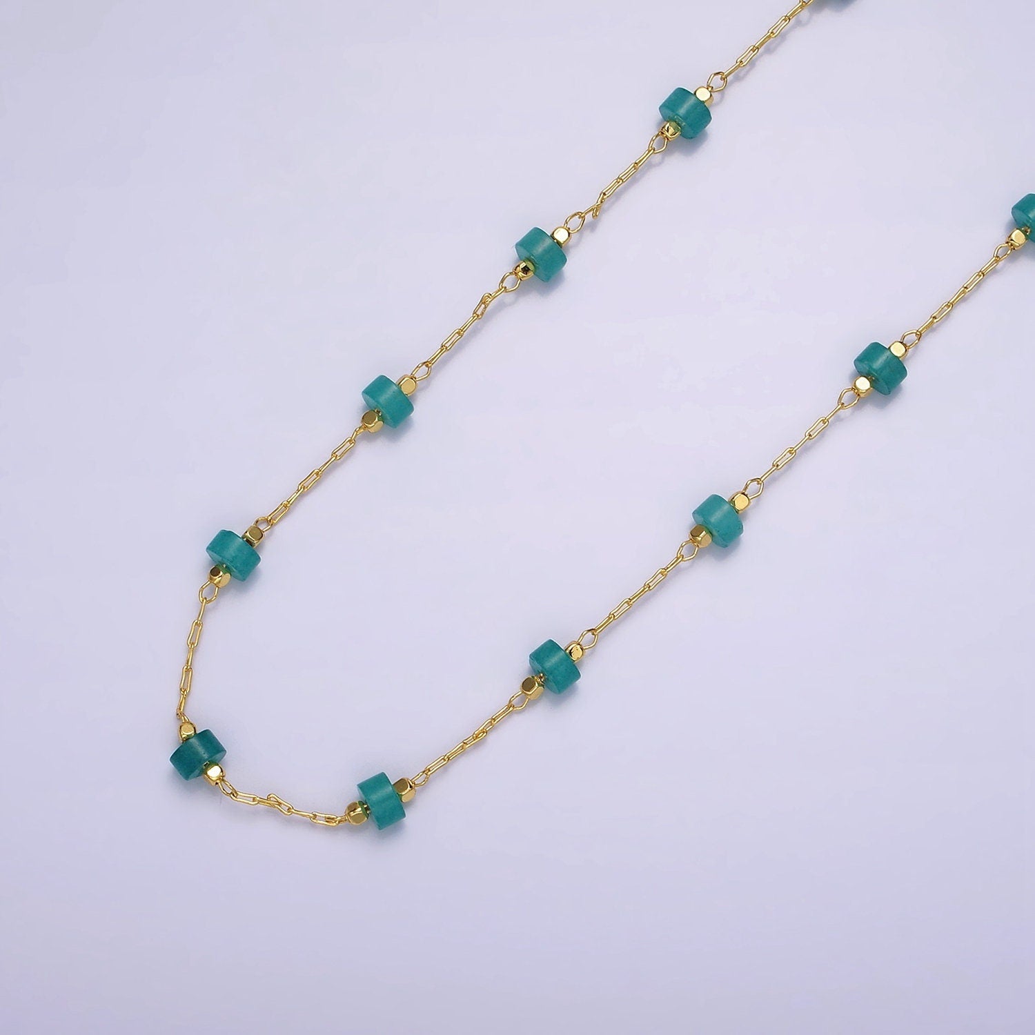 14K Gold Filled Turquoise, Rose Quartz Cylinder Paperclip Unfinished Beaded Chain For Jewelry Making | ROLL-1419 ROLL-1420
