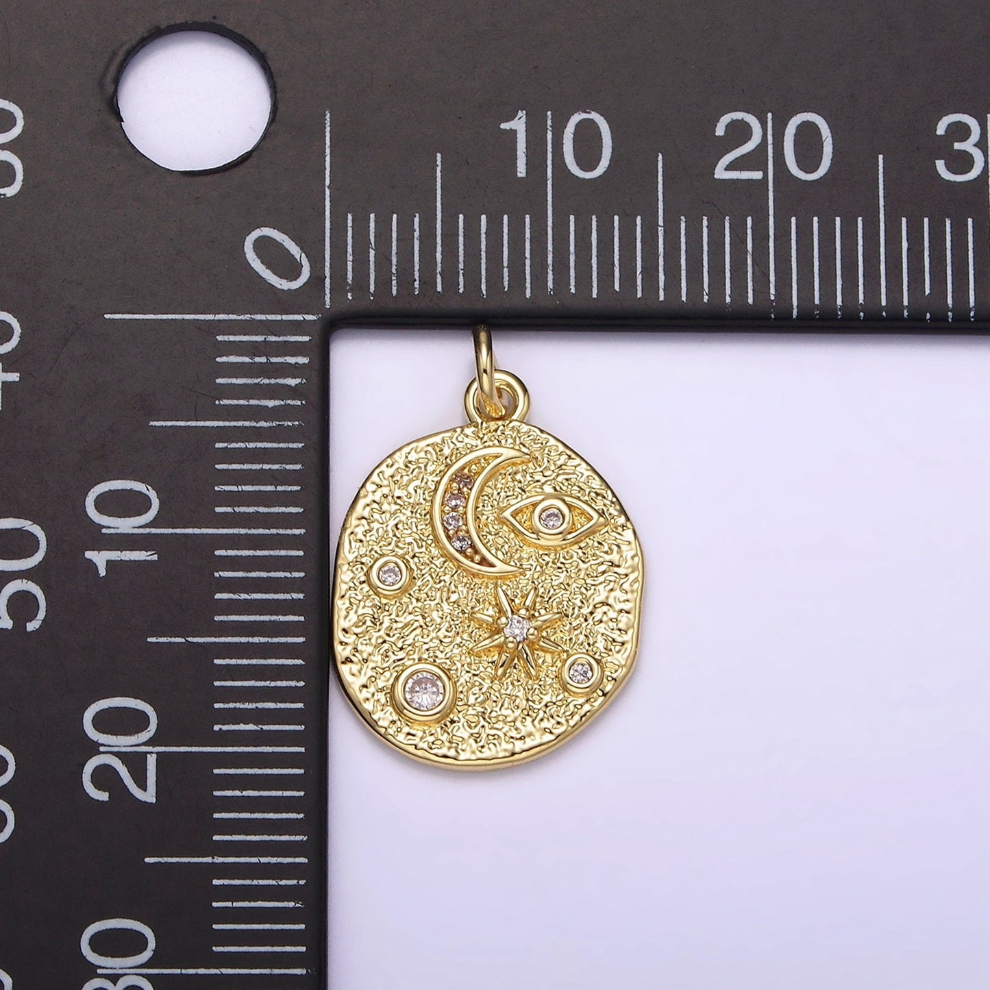 14K Gold Filled Hammered Rustic Coin Evil Eye Celestial Crescent Moon Star Textured Oval Charm | AG211