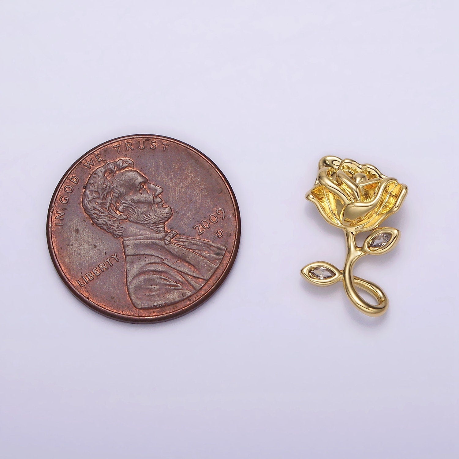 Upside Down Rose Charm 14K Gold Filled 16mm Rose Flower CZ Leaf Open Loop Pendant | N1807