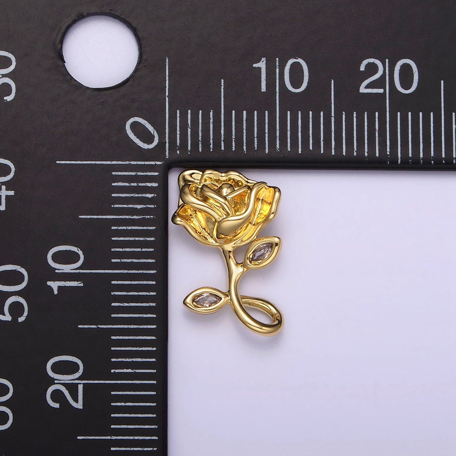 Upside Down Rose Charm 14K Gold Filled 16mm Rose Flower CZ Leaf Open Loop Pendant | N1807