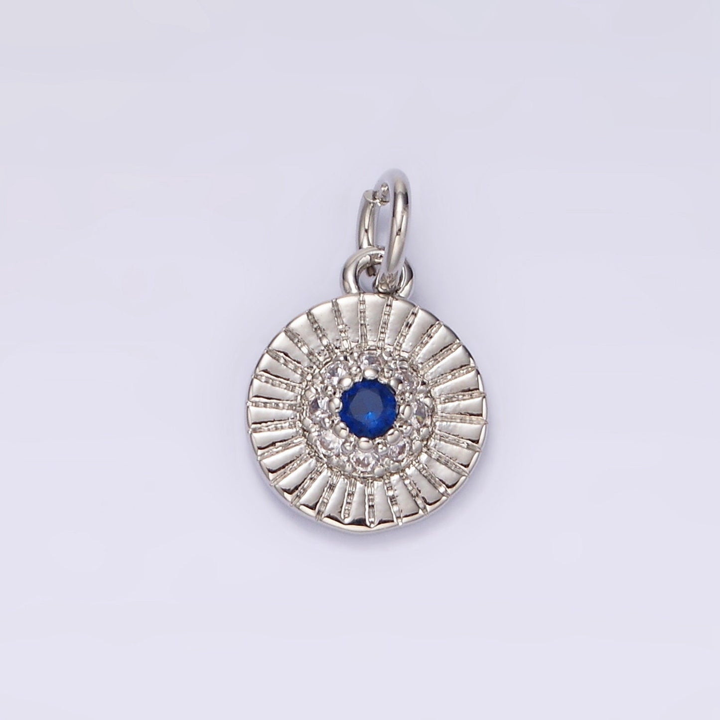 14K Gold Filled Blue CZ Dotted Line-Textured Round 15mm Charm in Silver & Gold | N1157 N1158