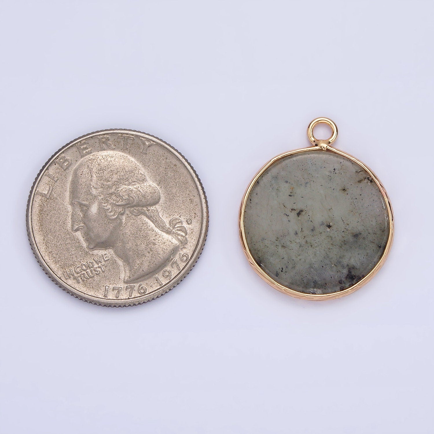 14K Gold Filled 25mm Grey Labradorite Round Bezel Charm | N1651