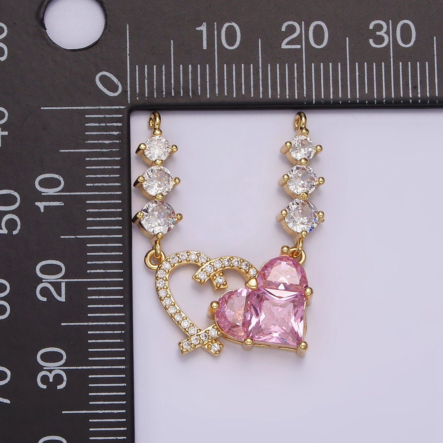 14K Gold Filled Pink CZ Faceted Micro Paved Open Heart Triple CZ Connector in Gold & Silver for Necklace Link Connector Necklace | G082 G083