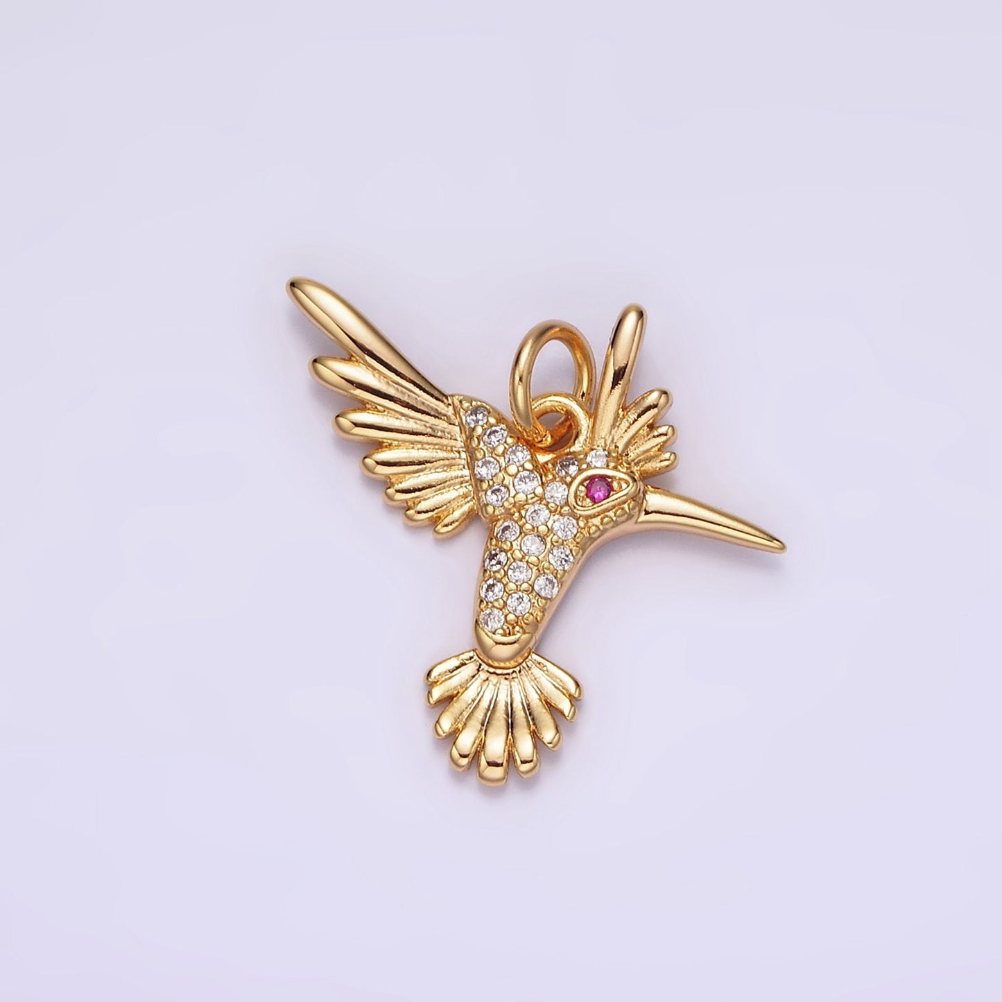 14K Gold Filled Fuchsia-Eyed Micro Paved CZ Flying Bird Charm | AG360