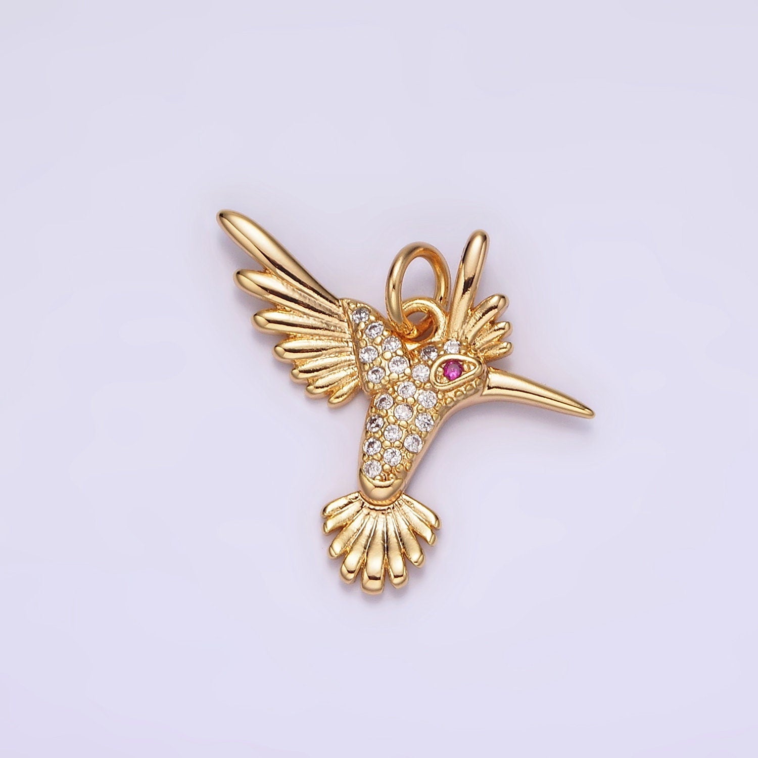 14K Gold Filled Fuchsia-Eyed Micro Paved CZ Flying Bird Charm | AG360