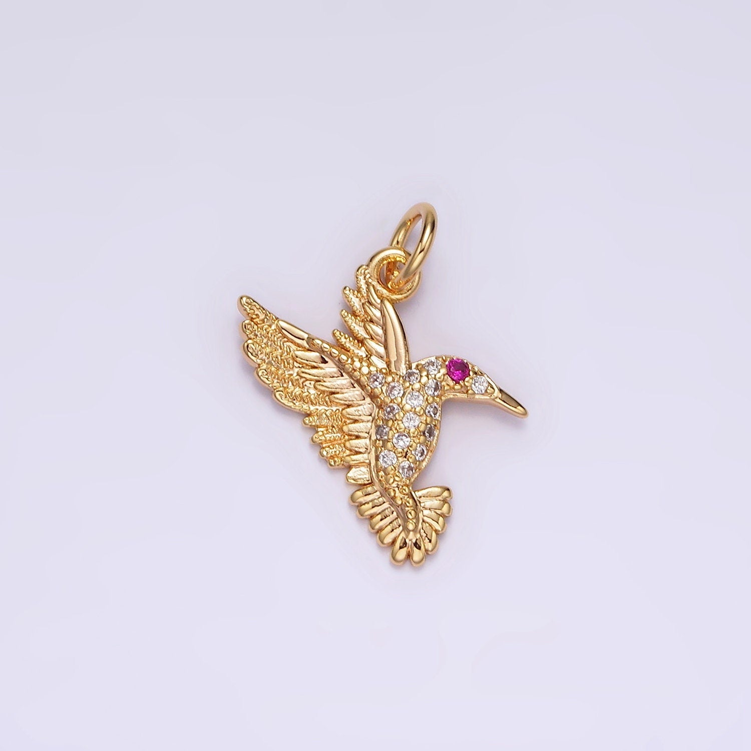 14K Gold Filled Fuchsia-Eyed Micro Paved CZ Flying Bird Charm | AG359