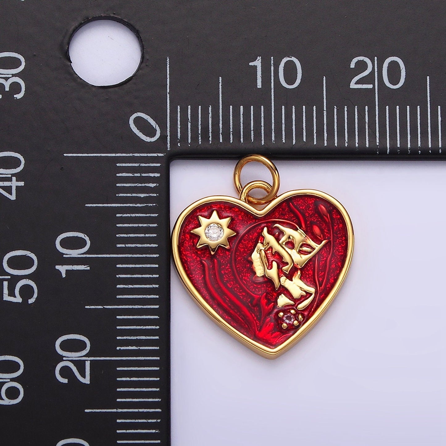 Dainty Gold Red Enamel Heart Charm with Star AG401