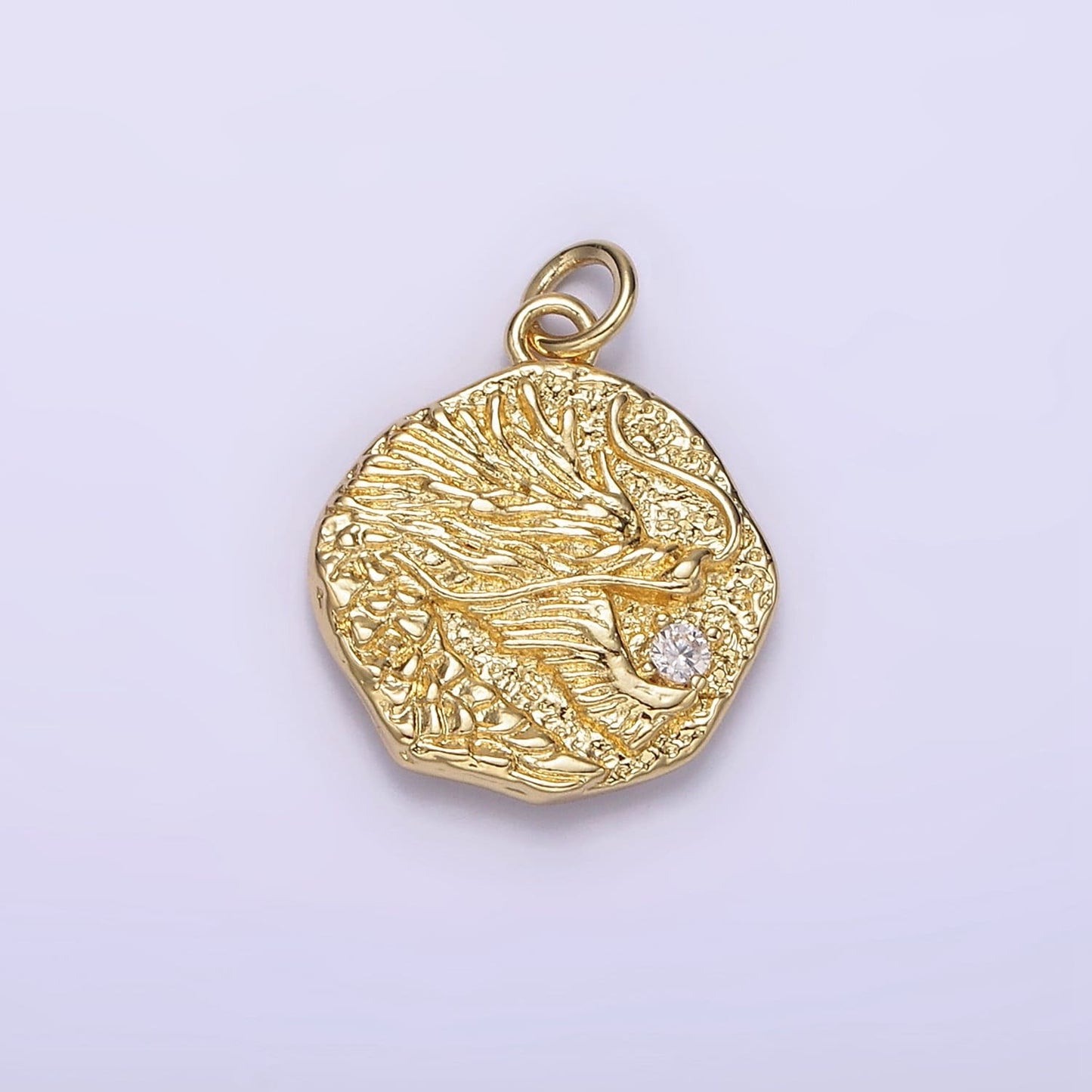 14K Gold Filled CZ Dragon Animal Hammered Abstract Round Charm | AG726