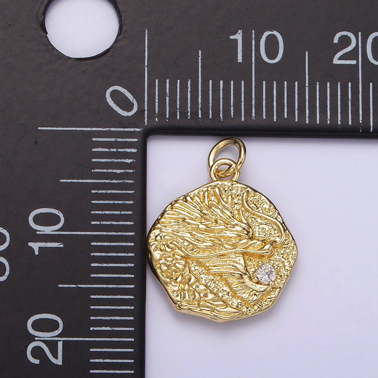 14K Gold Filled CZ Dragon Animal Hammered Abstract Round Charm | AG726