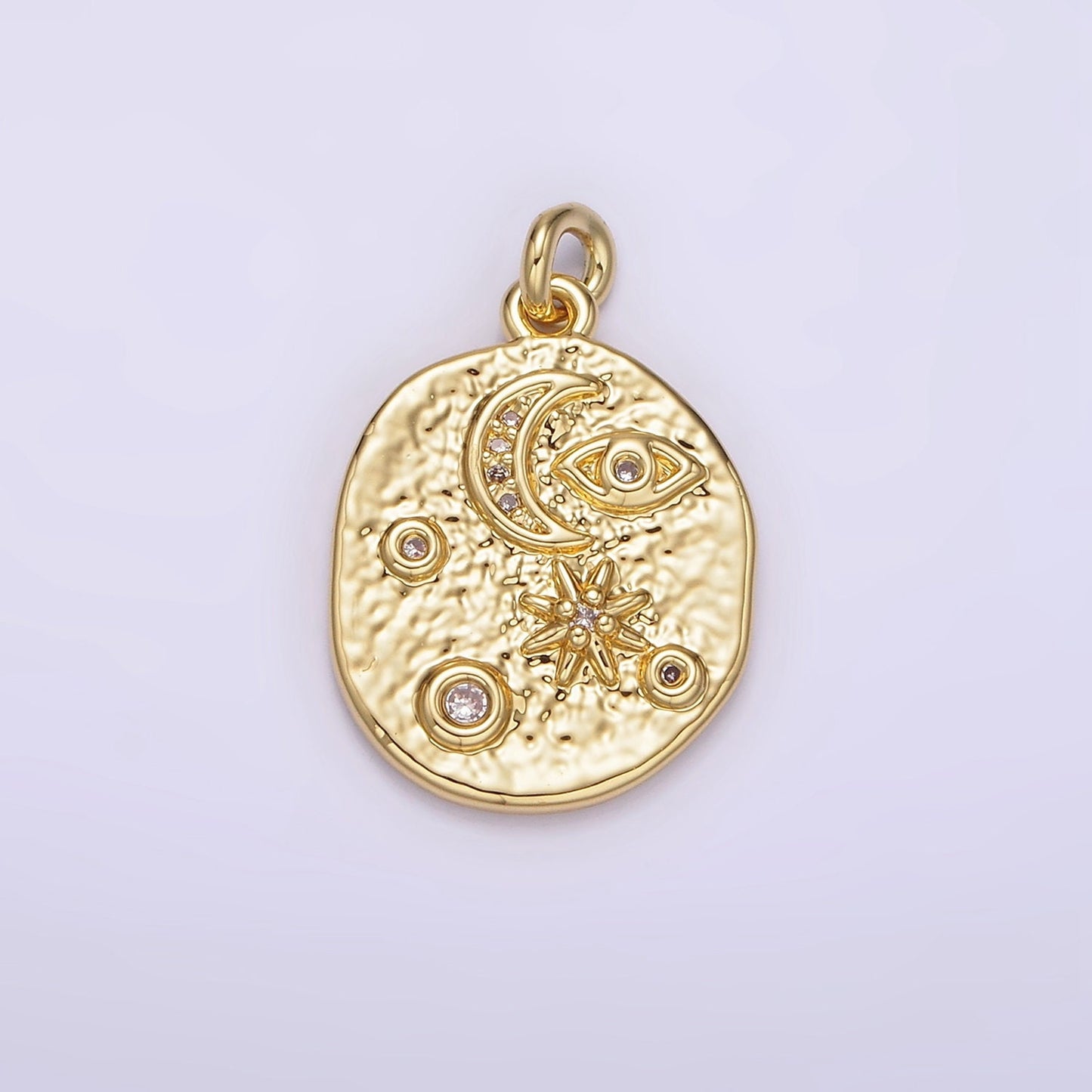 14K Gold Filled 20mm Evil Eye Celestial Crescent Moon Star Textured Oval Charm | AG285
