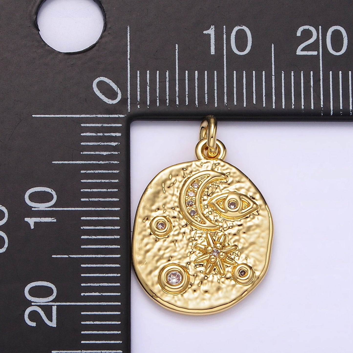 14K Gold Filled 20mm Evil Eye Celestial Crescent Moon Star Textured Oval Charm | AG285