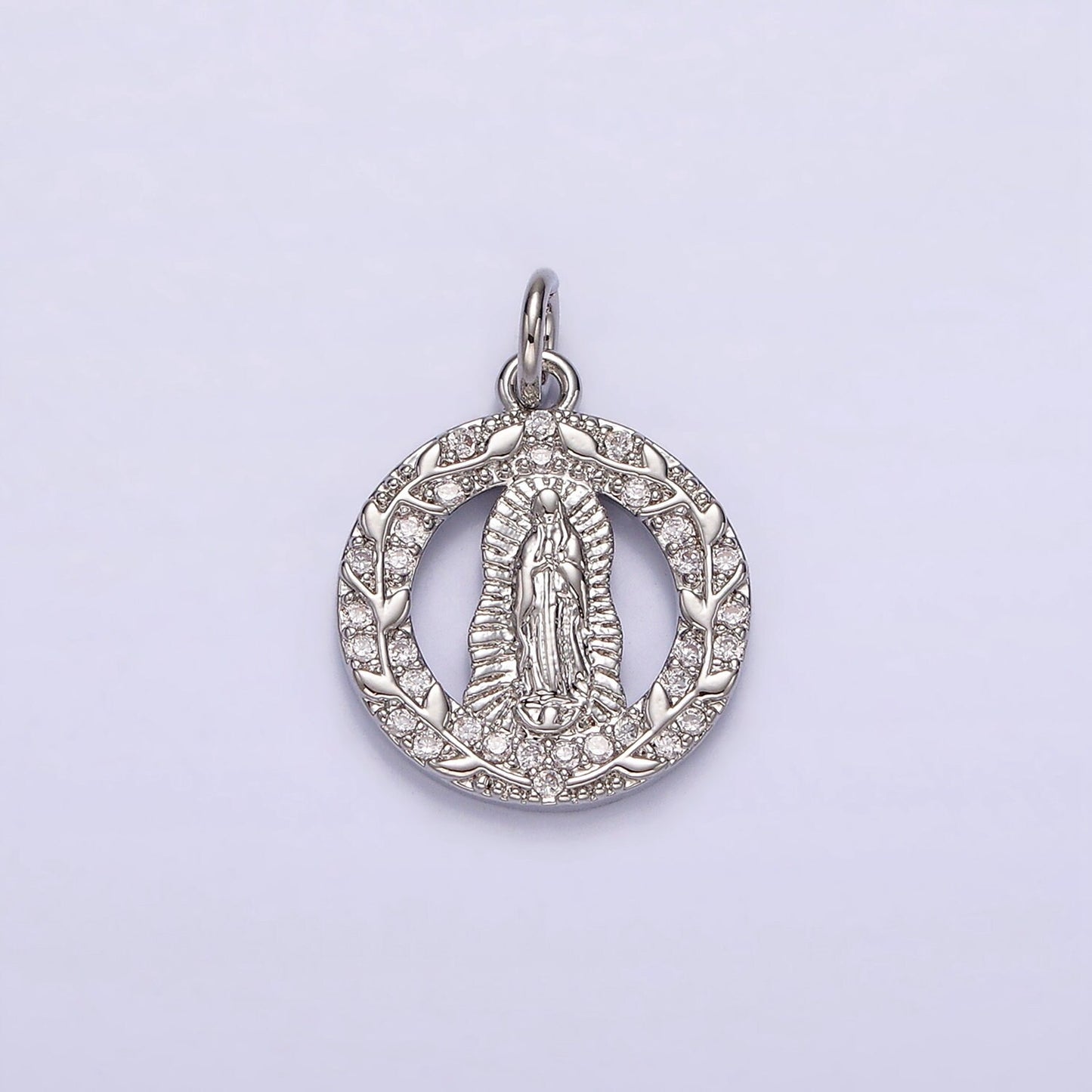 14K Gold Filled Mother Mary Lady Guadalupe Open Vine Plant Micro Paved CZ Round Charm in Gold & Silver | AG393 AG394