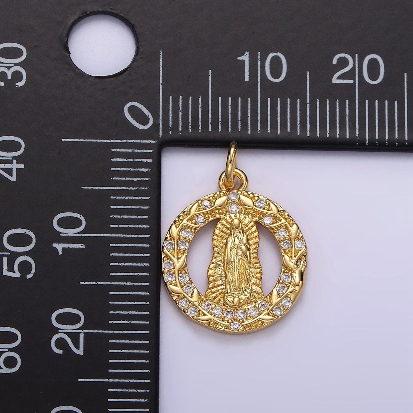 14K Gold Filled Mother Mary Lady Guadalupe Open Vine Plant Micro Paved CZ Round Charm in Gold & Silver | AG393 AG394