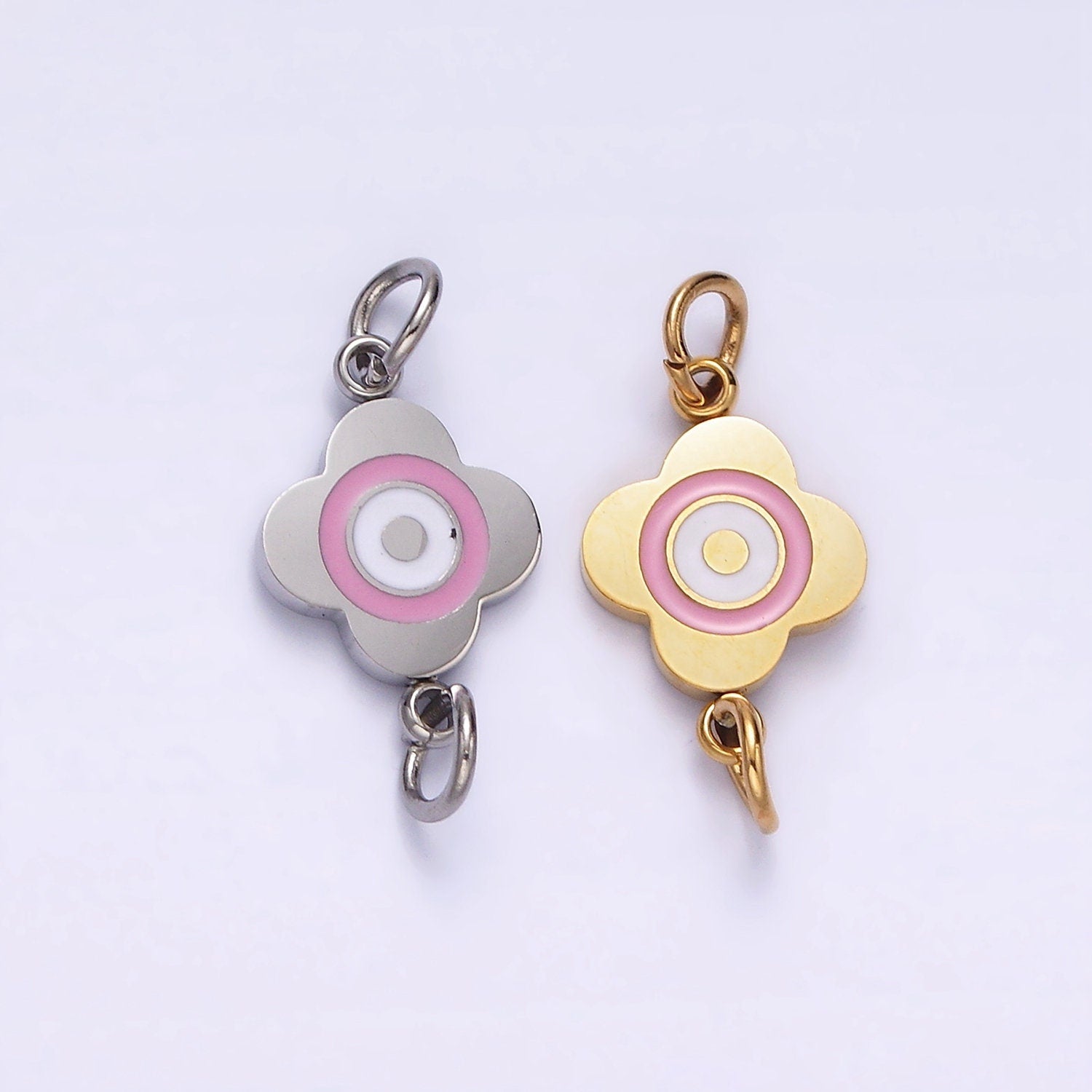 Stainless Steel 10mm Pink Flower Quatrefoil Connector in Gold & Silver | G893 G894