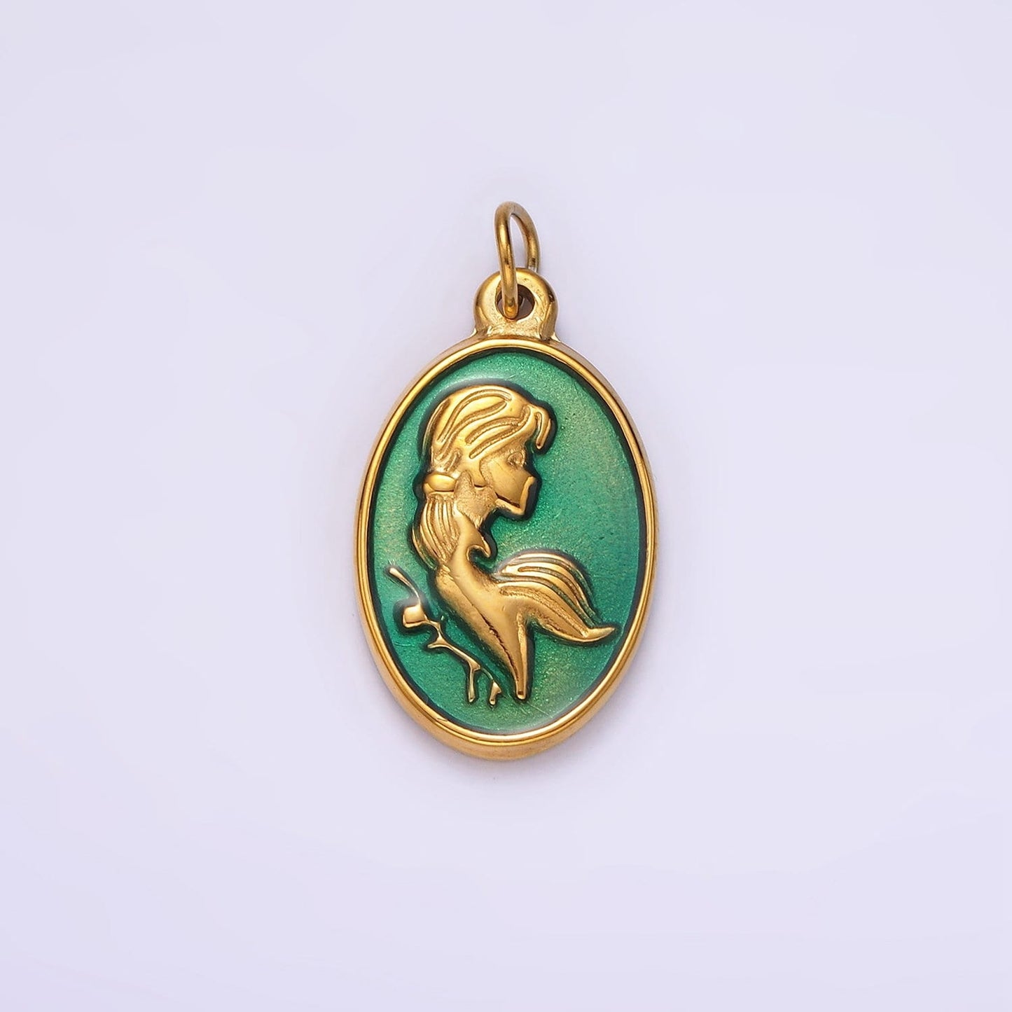 Stainless Steel Women Girl Portrait Cameo Teal Oval Charm in Gold & Silver | P1269