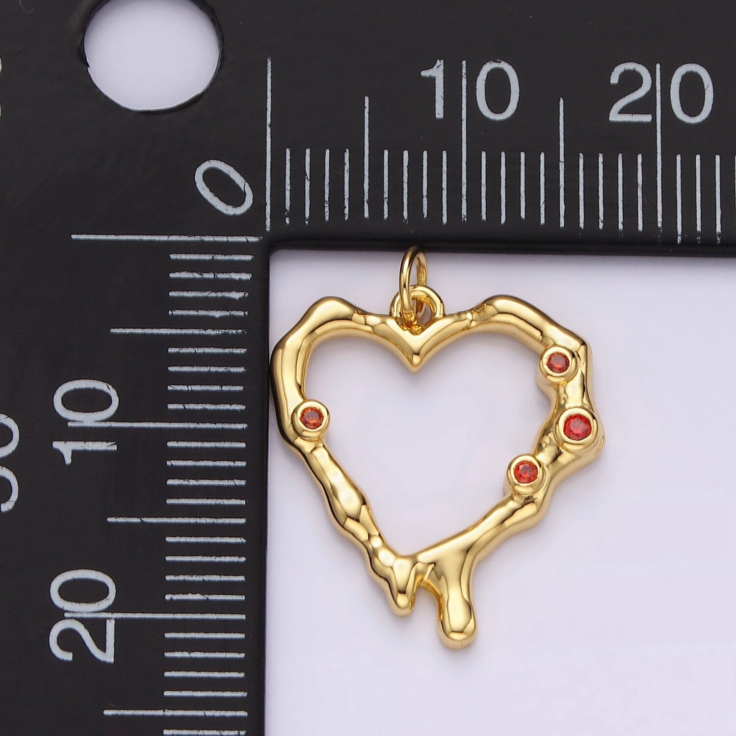 14K Gold Filled Red CZ Dotted Molten Drip Open Heart Charm | AC787
