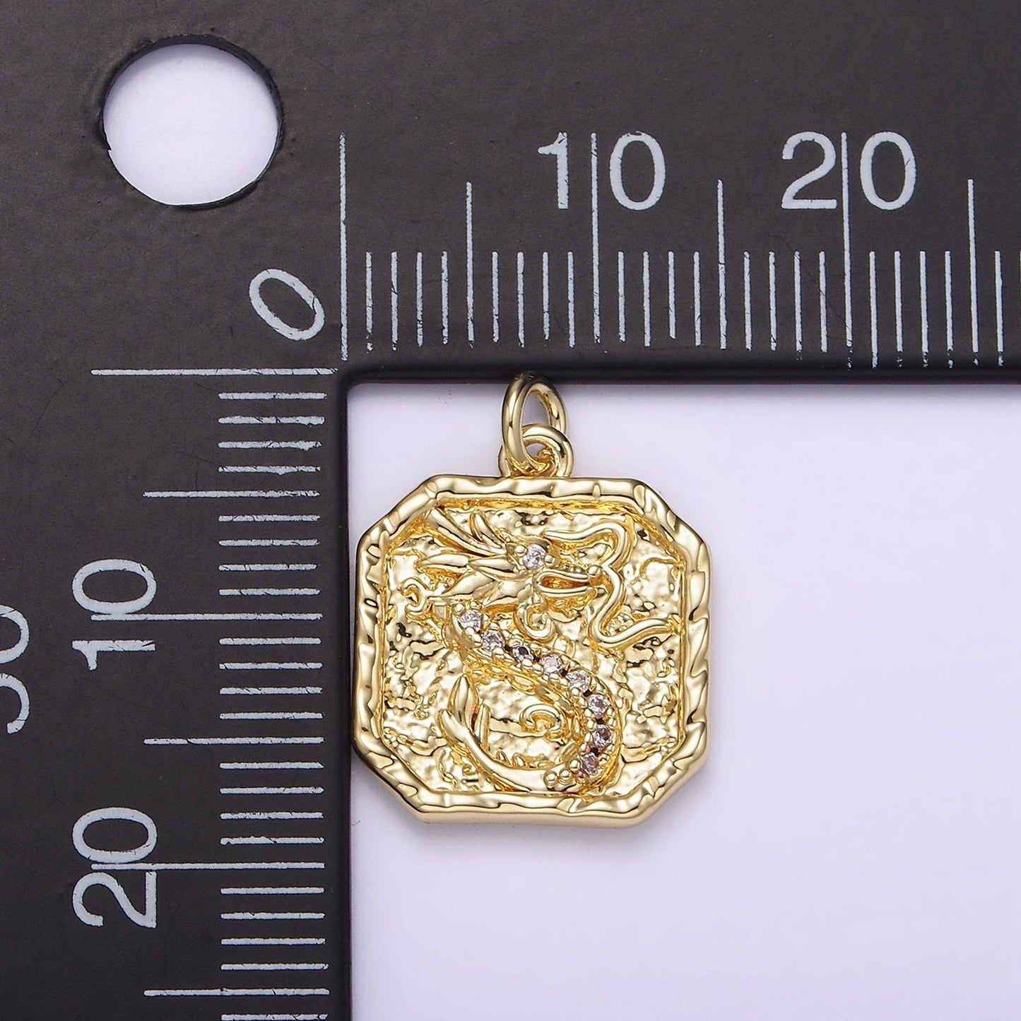 14K Gold Filled Clear-Eyed CZ Dragon Micro Paved Hammered Hexagonal Charm | AG281