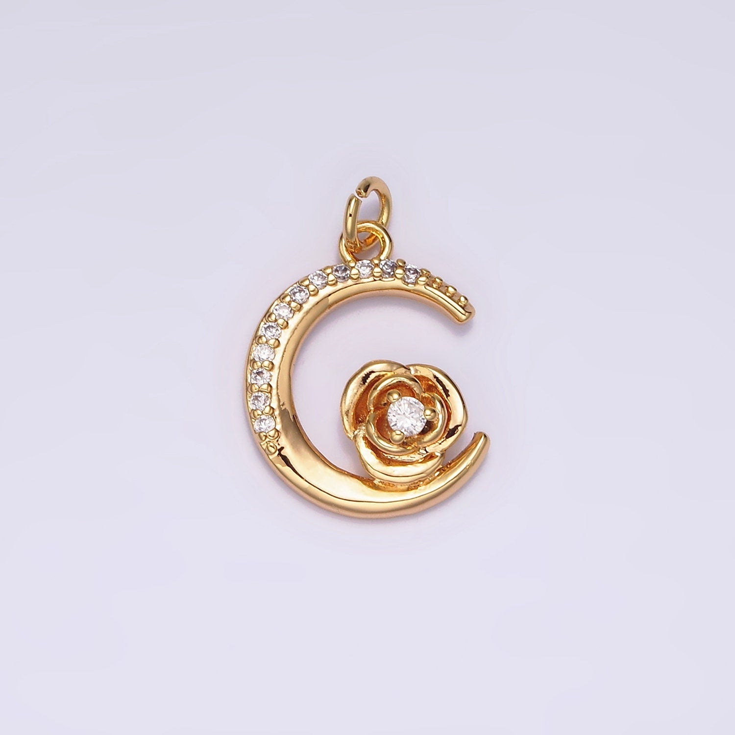 16K Gold Filled Rose Flower Celestial Crescent Moon Micro Paved Charm | AG094