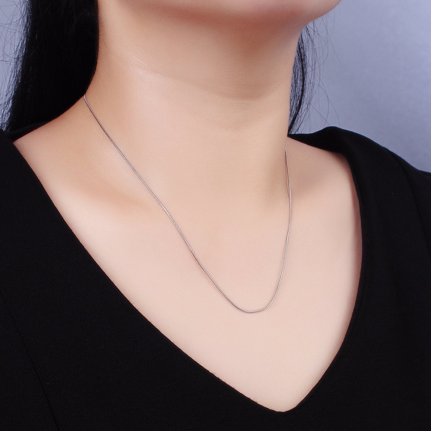 S925 Sterling Silver 0.7mm Dainty Snake 16 Inch Long Slim Herringbone Chain Necklace | WA-2160